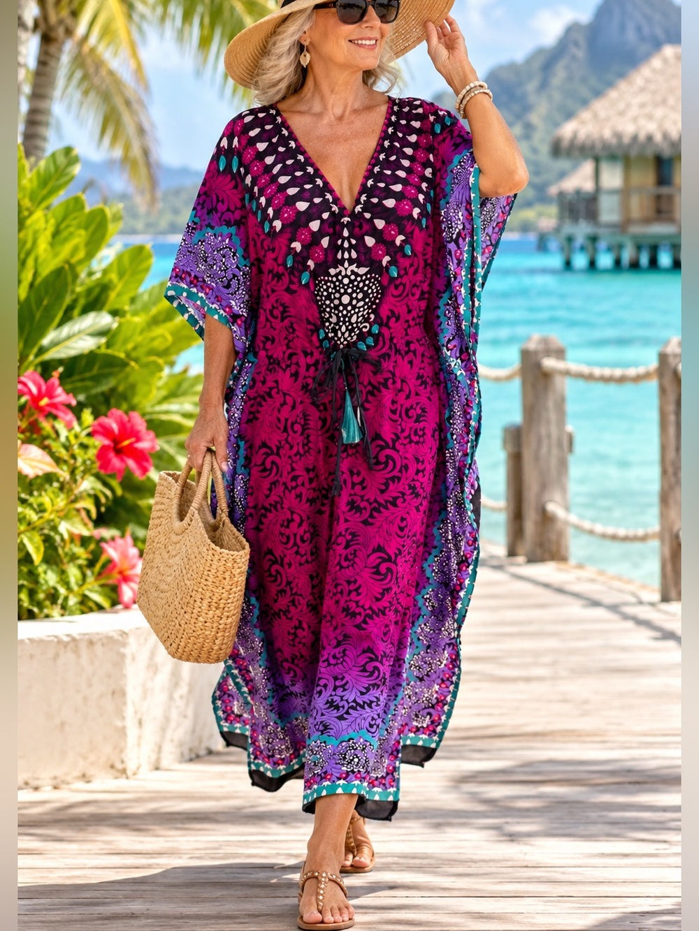 Cute Options Boho Kaftan Dress Free Size Pink Purple Rayon Maxi
